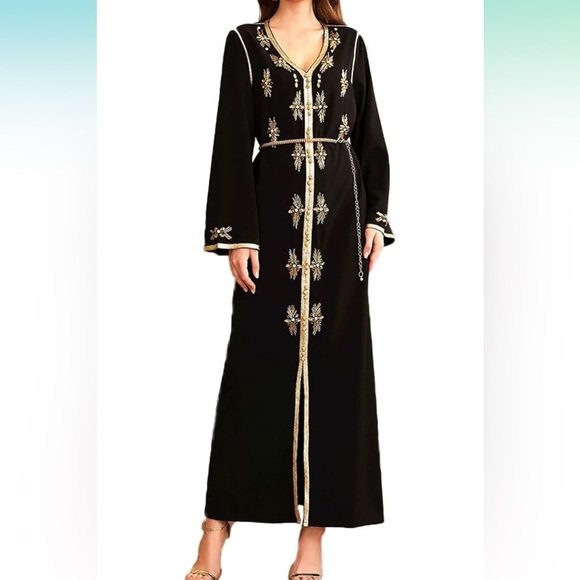 Moroccan Lush Black Dress with Gold Embroidery - Picture 1 of 4